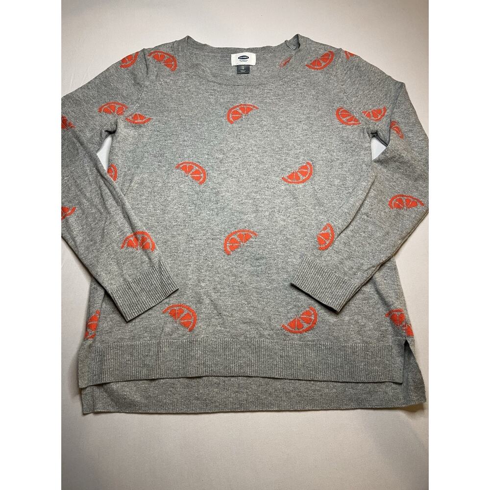 Old Navy Classic Crew Neck Sweater XS Gray with Orange Citrus Print Long Sleeve
